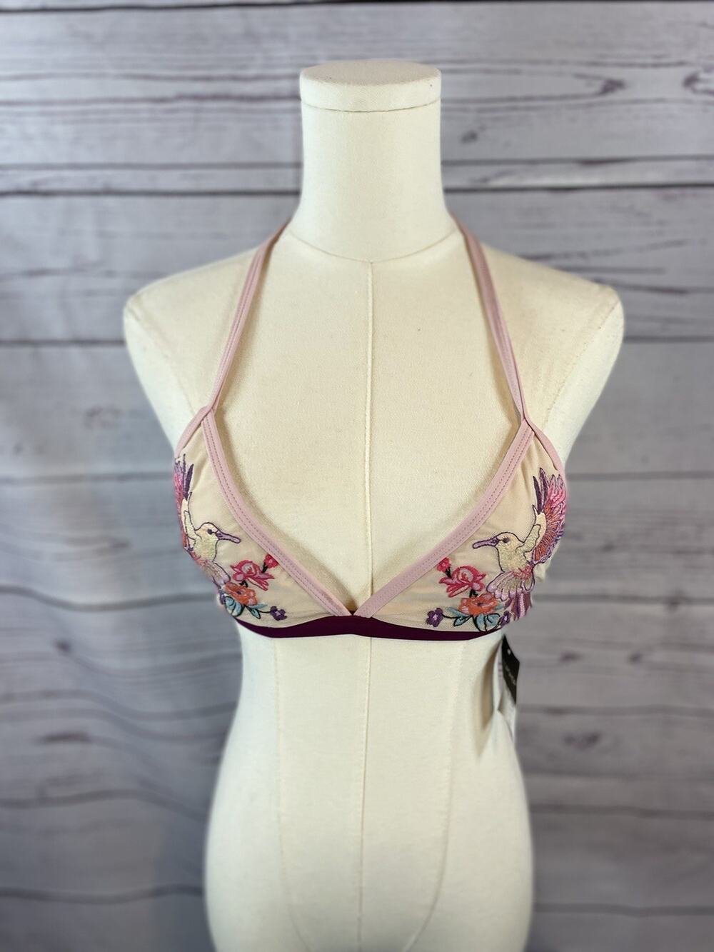 Topshop Embroidered Hummingbird Bikini Top Size 4 NWT Floral Triangle Swim Top